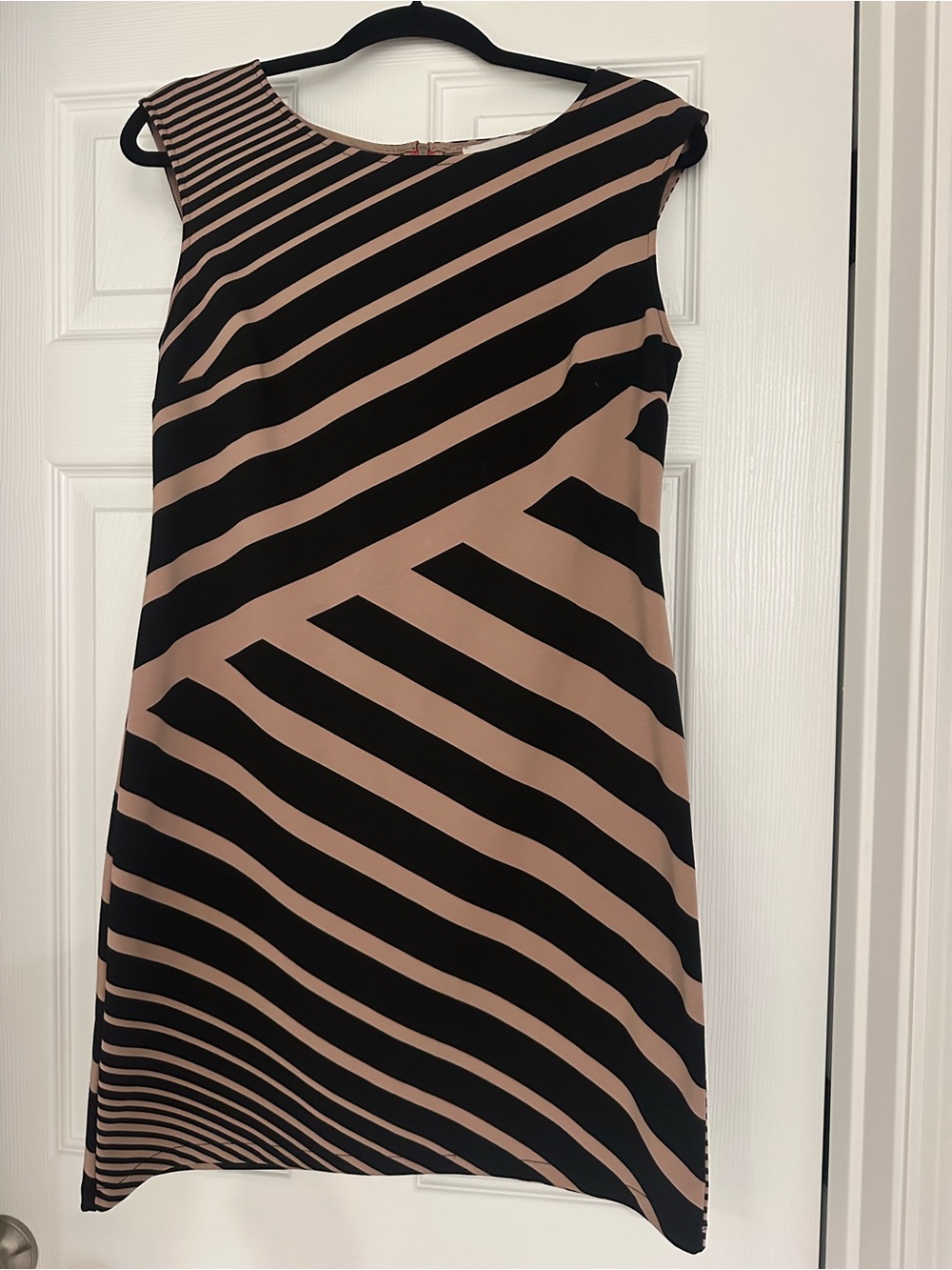 LOFT Black and Beige Striped Sleeveless Shift Dress